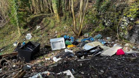 Image shows fly tipped rubbish in a public space with trees next to a stone wall.
There is an upturned sofa to the left of shot, an open white fridge and carpets.