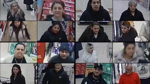 A collection of 16 people in supermarket settings. Each small image is from CCTV.