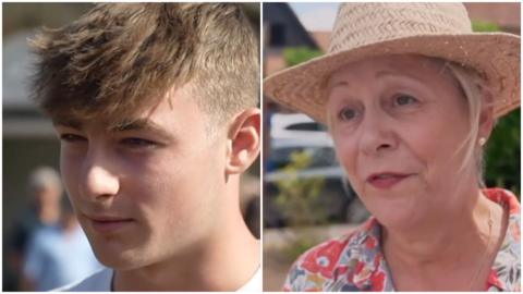 A collage showing a teenage boy and a woman speaking to reporters about evacuations in their village following wildfire