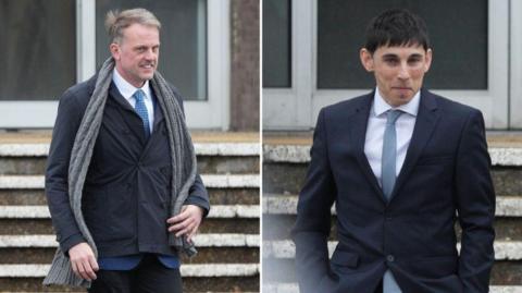 Two men - one blonde, one with black hair - pictured wearing navy suits, white shirts and blue ties.