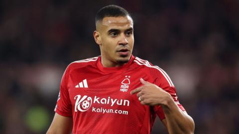 Nottingham Forest defender Murillo points at himself during a match