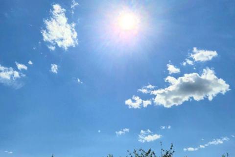 Bright sun in a clear blue sky with scattered white clouds above a green hedge on a sunny day in Lowestoft, Suffolk