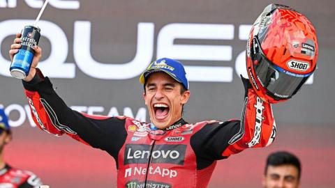 Marc Marquez of Spain riding the Lenovo Ducati (93) takes victory during the MotoGP of Hungary