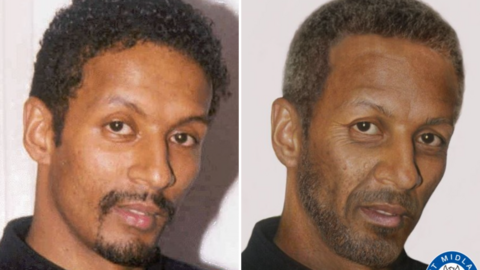 Andrew Dill from 2003 and how he might look now - on the left, he has short black hair; on the right, black and grey hair. On the left, a short dark goatee, on the right, a short beard. In both cases he wears a black top.