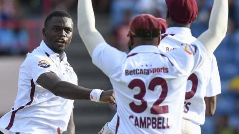 West Indies' Jaylen Seales celebrates taking a wicket against Australia