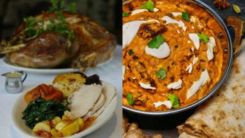 Pryd o dwrci rhost traddodiadol, a phlatiad o gyri