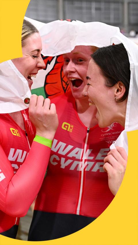 Emma Finucane, Rhian Edmunds and Lowri Thomas celebrate
