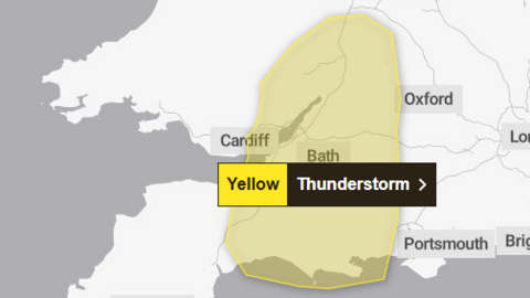 A black and white map of the south west of England. A part of it is circled yellow, with a Thunderstorm warning above it. The area covered parts of Devon, Dorset, Somerset, Bristol, Wiltshire and Gloucestershire.