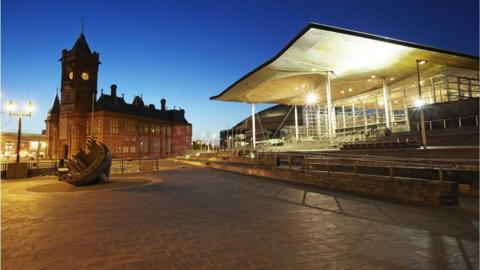 Senedd building at night