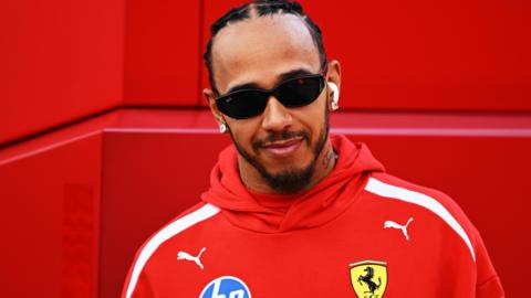 Lewis Hamilton arriving at Silverstone before the British Grand Prix sprint race wearing a Ferrari hoodie