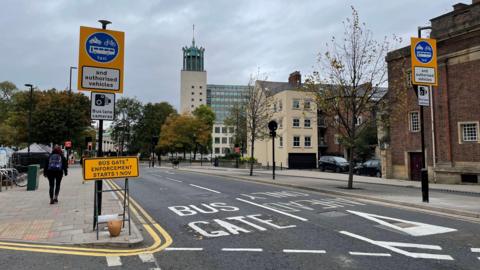 New bus lane warning signs on John Dobson Street in Newcastle city centre