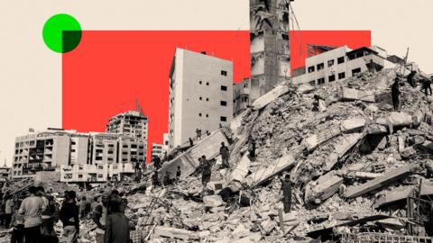 A treated image showing people search at the mound of rubble at the site of the collapsed Sussi Tower
