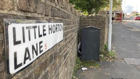 A road sign attached to a wall, which reads 'Little Horton Lane'. There is a black electricity box in the background as well as a bus stop.
