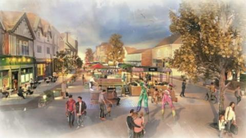 Artist impression of the new market place with trees and people walking and sat at tables outside cafes