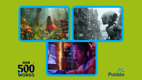 Three images in a green box, highlighting the resources. top left is a young girl in an orange dress that wanders through a forest. Top right is a robot in a dystopian future. Bottom is a young child gaming, who appears shocked and wears headphones. 