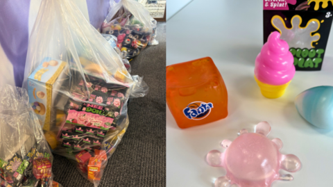 On the right is some rubber squishy toys of various designs, including an ice cream and a Fanta cube. On the lest are bags with lots of the toys piled inside.