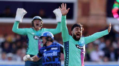 Oval Invincibles bowler Rashid Khan successfully appeals for lbw