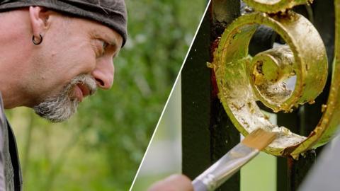 Composite image showing blacksmith David in action and a hand brushing gold leaf onto a gate