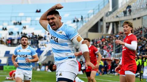 Argentina players celebrate a try