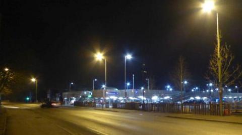 A car park on Oxpens Road at night, near Oxford ice rink