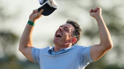 Rory McIlroy celebrates winning the Masters