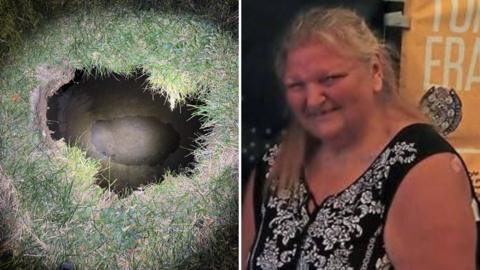 A composite image showing the sinkhole and Elizabeth Pollard. Mrs Pollard is smiling at the camera, has long blonde hair, and is wearing a black top with white pattern. The sink hole is lit by a torch light and is surrounded by grass at the opening.