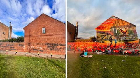 Two photos of the same building. On the left it is red brick and scrawled with graffiti in black and white spray paint. On the right it has been painted with a brightly coloured mural. There is scaffolding and a ladder leaning on it. The mural: in the foreground we can see red poppies with fields stretching out behind them as the sun sets. A soldier walks away holding hands with his daughter. He is dressed in a military uniform and his daughter has blonde hair and a light blue dress. Above them there is a large willow tree.