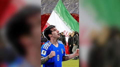 Player wearing the Italy kit placed in front of the Iran national flag