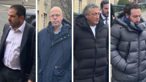 Composite image of four men leaving or arriving at court. All are wearing winter coats.