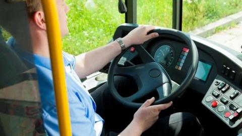 A view of a male driver steering the wheel of a bus on a sunny day.