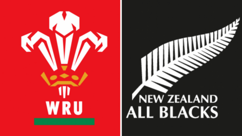 Wales rugby logo on the left and New Zealand All Blacks logo on the right