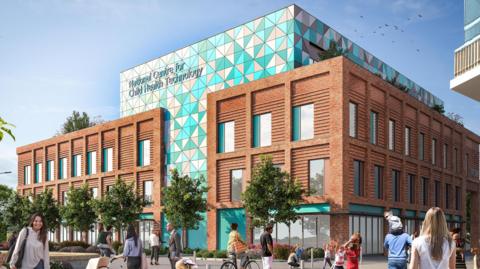 An artist's impression of the planned National Centre for Child Health Technology at the Sheffield Olympic Legacy Park in Attercliffe shows a three-storey brick building, with a taller modern blue and turquoise atrium rising through the centre.