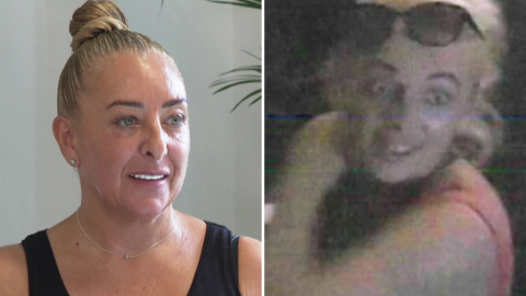 Jacqueline Cowdall, with tied-back blonde hair, and a picture of the suspect she was mistaken for, who has blonde hair and sunglasses on her head