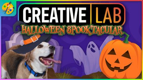 Henry the dog next to a cartoon carved pumpkin against a purple background