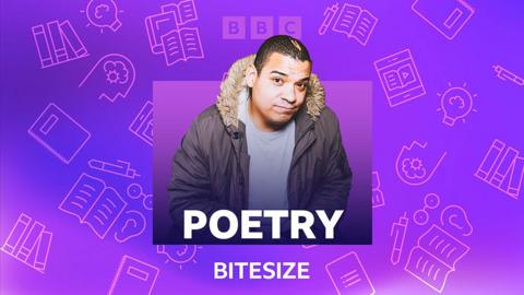 Podcast presenter Tesetament with caption Poetry: Bitesize on colourful subject icons background