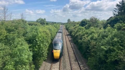 Image of a green Great Western Railway train with a yellow tip on the trainline taken from the Ricksey Lane bridge.