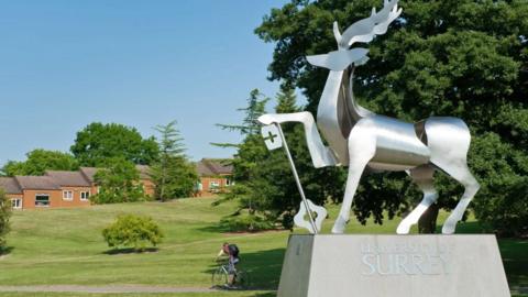 A metal statue of a stag. It is on top of a stone base which says "University of Surrey" on it. There is a person riding a bike in the background through what looks like a park.