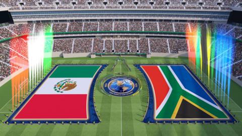 An illustrative image of the opening match of the World Cup between Mexico and South Africa with extra-large flags and all players stood around the centre circle