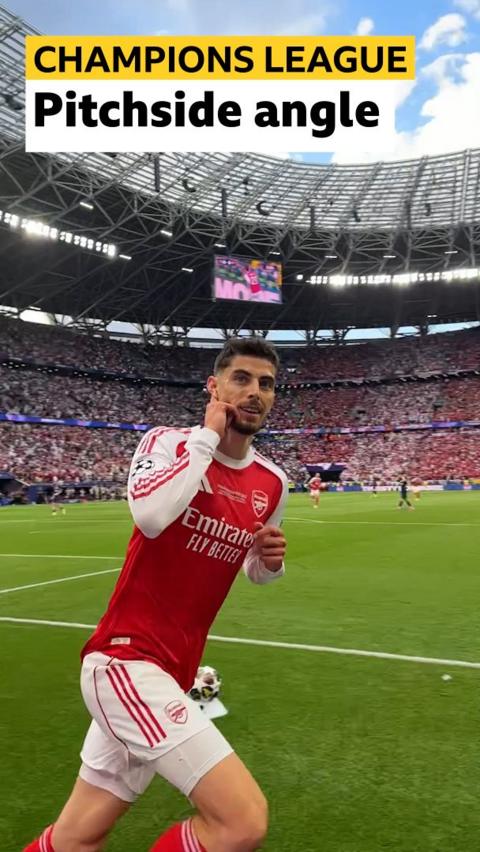 Kai Havertz celebrates scoring the opening goal for Arsenal in the Champions League final.