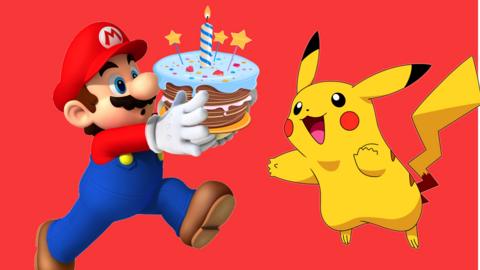 Mario holding a birthday cake with Pikachu jumping to eat it.