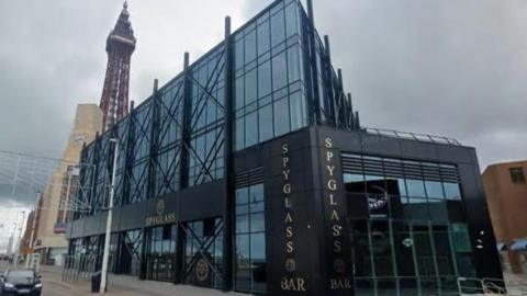 Sands Hotel on Blackpool Promenade which has a black facade and is located on Blackpool Promenade.
