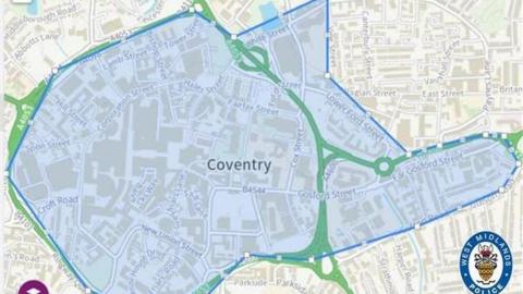 A map showing Coventry city centre with areas affected by the dispersal order coloured in blue.