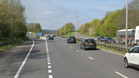 A Google Street image of a slip road on a motorway.
