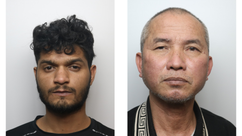 A police mugshot of Sheraz Ahmed, who has black hair and black facial hair, and Hung Nguyen, who has shaved grey hair and grey stubble.