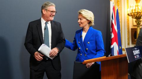 UK Prime Minister Sir Keir Starmer and European Commission President Ursula von der Leyen smiling.
