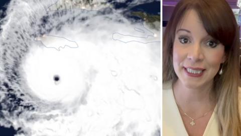 A composite image showing a map of a hurricane's path on the left, and Weather reporter Elizabeth Rizzini on the right.