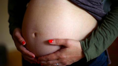 A pregnant woman's hands cradling her exposed belly. Her long-sleeved green and grey top has been lifted to show off her belly. She is wearing a glittery silver ring on her wedding ring finger and has bright red nail polish on.