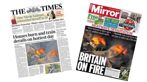 The front pages of the Times and Daily Mirror newspapers, with both depicting homes on fire under