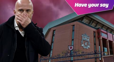 Liverpool manager Arne Slot looking worried next to Anfield with stormy skies. 