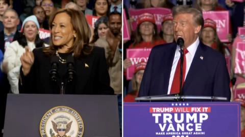 Kamala Harris and Donald Trump both stand at podiums in a split screen